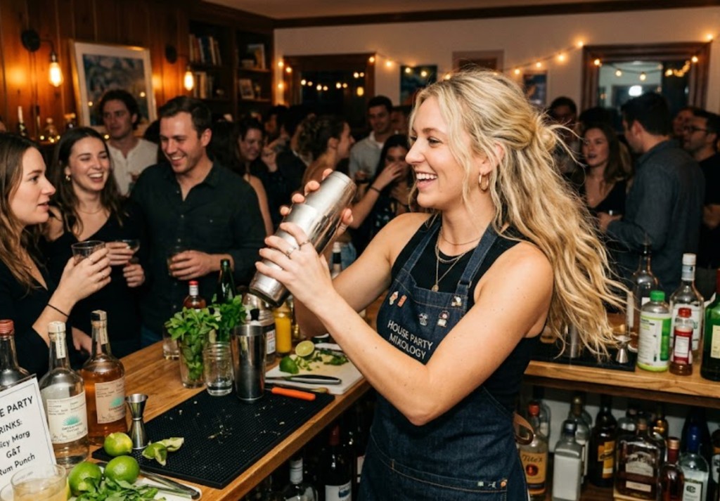 Energetic Austin bartender serving guests at a packed house party with a sign-in cocktail menu