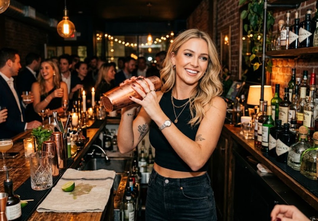 Smiling female bartender holding a copper cocktail shaker at a candlelit Austin party