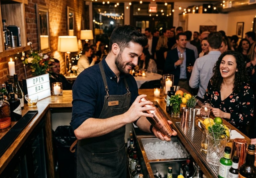 Expert male bartender mixing craft cocktails at a corporate Austin event surrounded by happy guests
