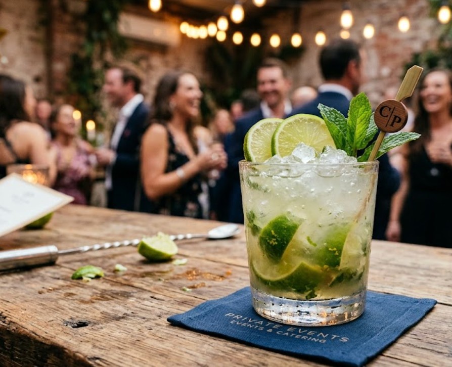 Fresh lime and mint cocktail at a private Austin event with string lights