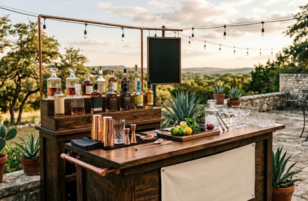 Elegant outdoor mobile bar with copper pipe frame, premium spirits, and string lights overlooking the Texas Hill Country