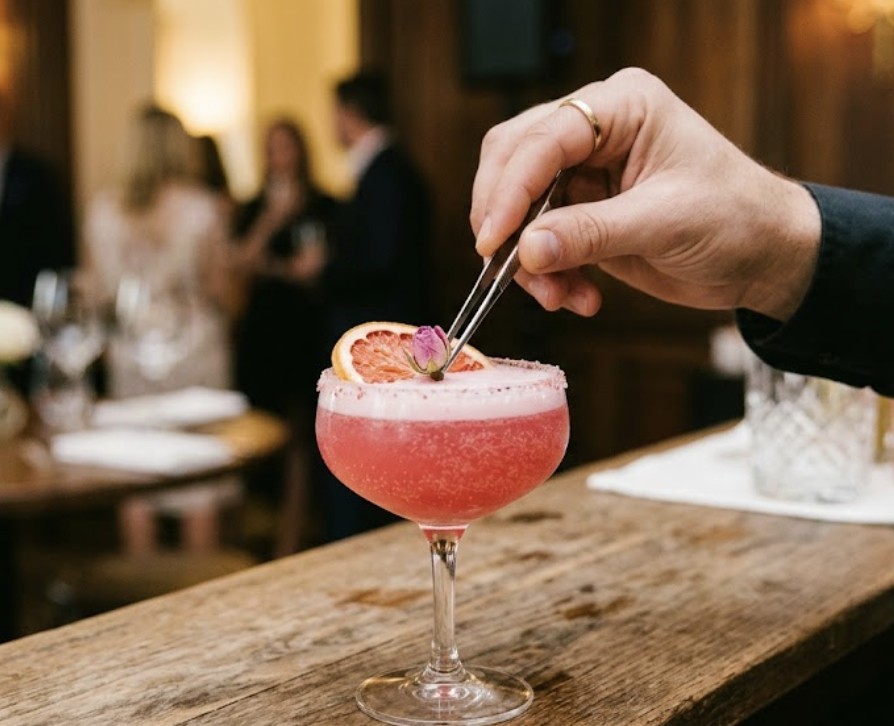 Pink craft cocktail with floral garnish at an elegant Austin celebration