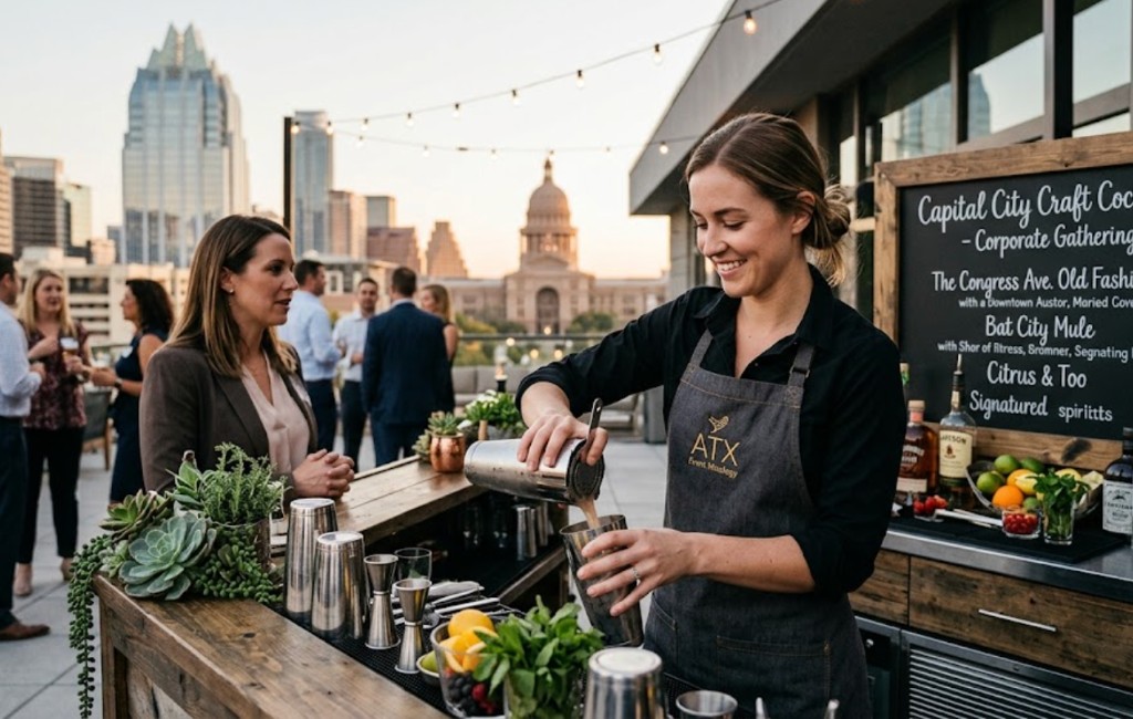 Professional female bartender pouring craft cocktails on an Austin rooftop with the Texas State Capitol in the background